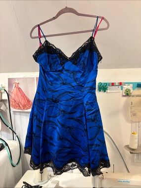 Blue silk Betsey Johnson Pterodactyl slip dress Y2K